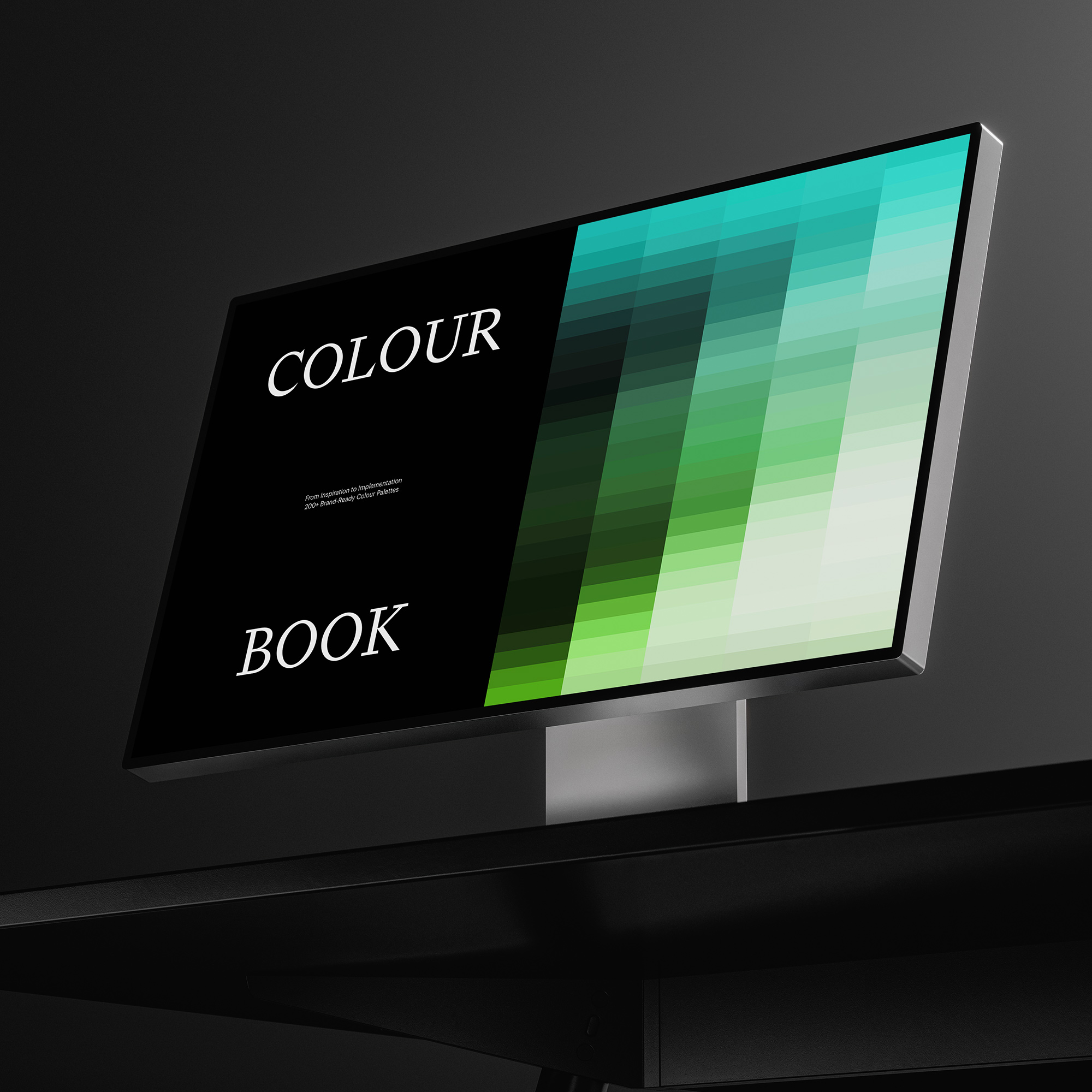 A reference monitor on a dark studio backdrop displaying a colour book