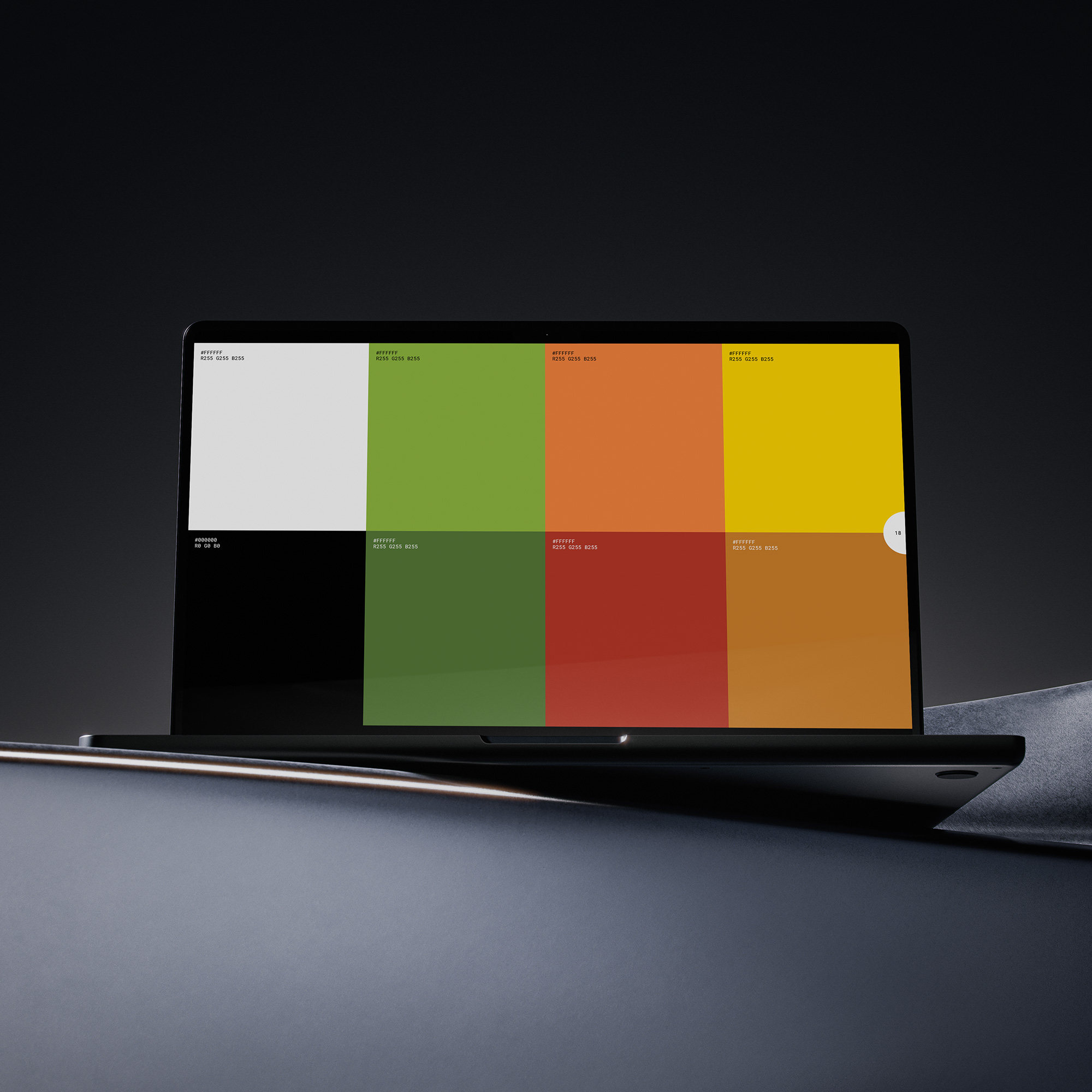 A laptop on a dark backdrop showing a clean grid of colour swatches